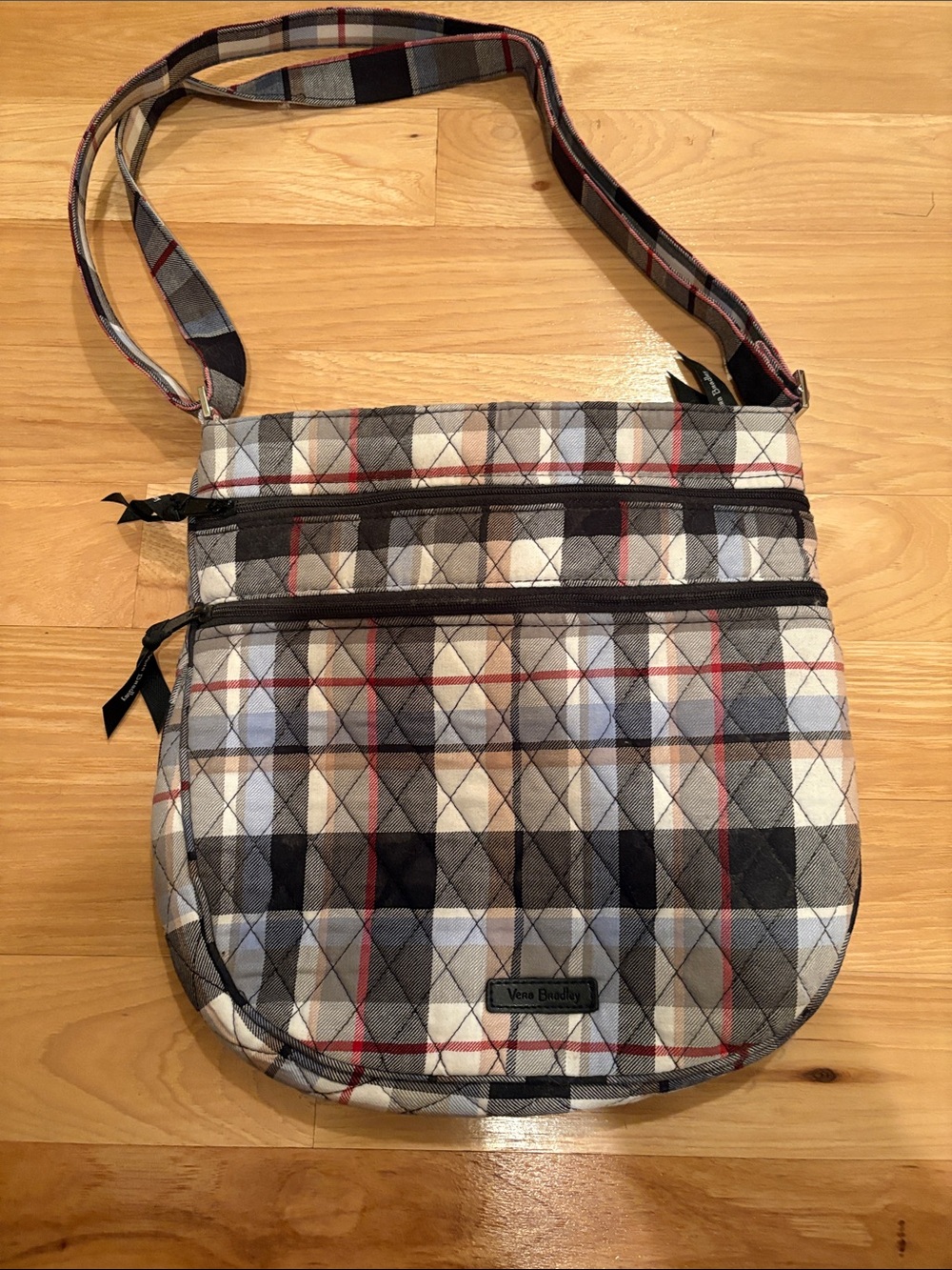 Vera Bradley Quilted Plaid Crossbody in Neutral Tones with Red Accents